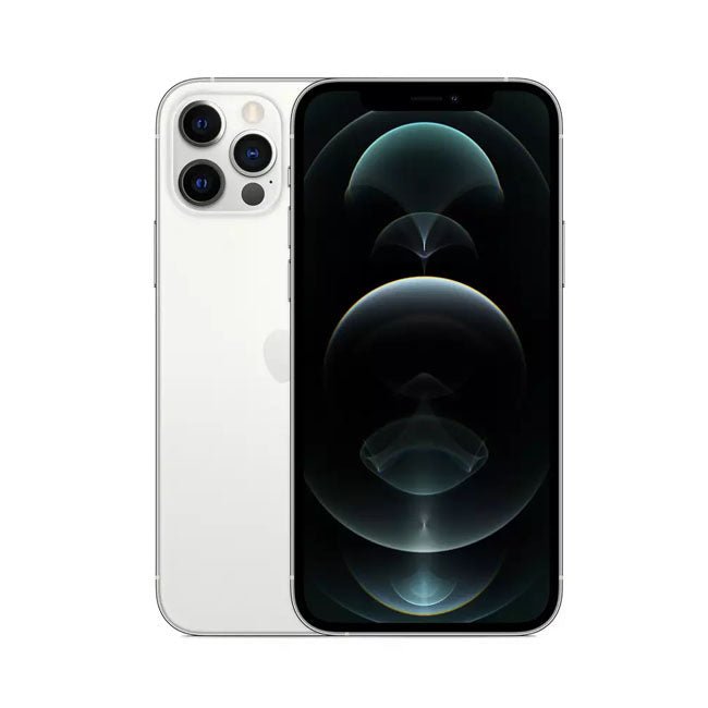 Refurbished iPhone 12 Pro with 256GB storage, unlocked, showing front and back view with sleek design and triple-camera system.