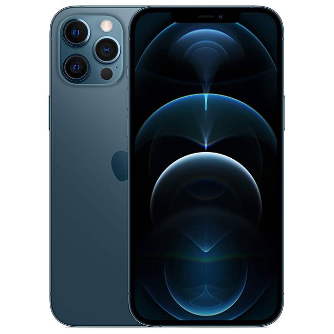 Refurbished iPhone 12 Pro Max 128GB unlocked with triple camera system and sleek design, displayed in a close-up view.