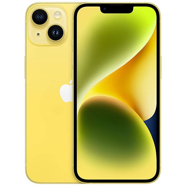 Refurbished iPhone 14 Plus with 128GB storage, unlocked mobile phone from RefurbPhone, showing front and back views.