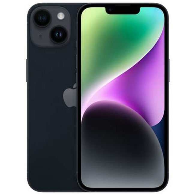 Refurbished iPhone 14 Plus with 128GB storage, unlocked, showing front and back views of the mobile phone by RefurbPhone.