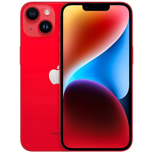 Refurbished iPhone 14 Plus with 128GB storage, unlocked, showing the front display with a colorful home screen.