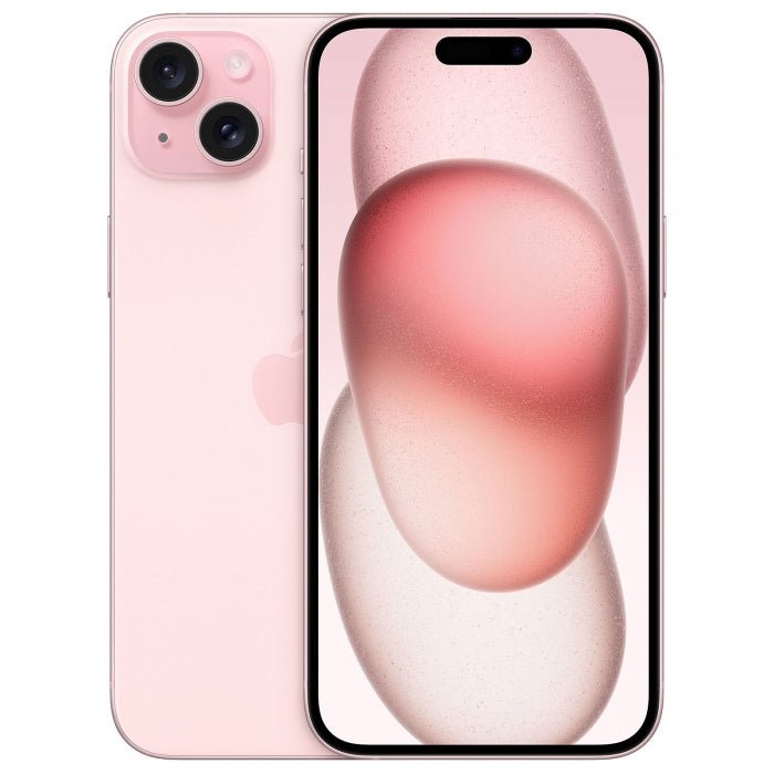 Refurbished iPhone 15 Plus 128GB unlocked mobile phone by RefurbPhone, showing the front with a vibrant display.