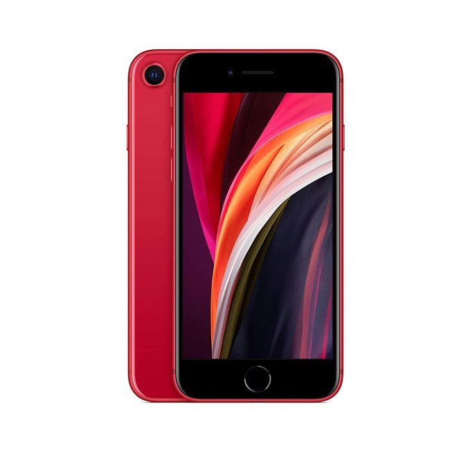 Refurbished iPhone SE 2020 64GB unlocked mobile phone by RefurbPhone, showing front screen with home button and sleek design.