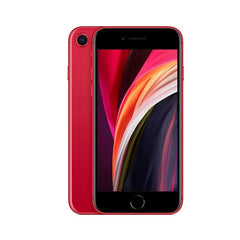 Refurbished iPhone SE 2020 64GB unlocked mobile phone by RefurbPhone, showing front screen with home button and sleek design.