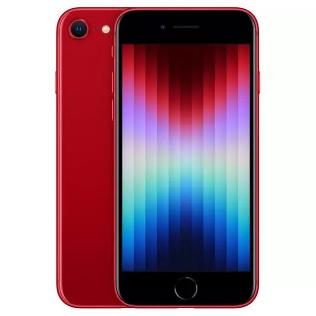 Refurbished iPhone SE 2022 with 128GB storage, unlocked mobile phone by RefurbPhone, showing front and back views.