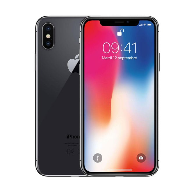 Refurbished iPhone X with 256GB storage, unlocked mobile phone from RefurbPhone showing front and back views.