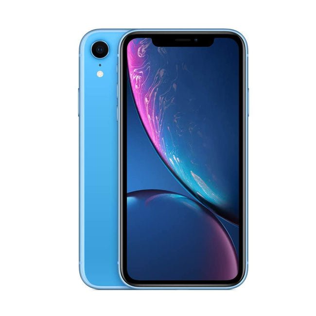 Refurbished iPhone XR 128GB unlocked mobile phone by RefurbPhone, showing the screen and sleek design.