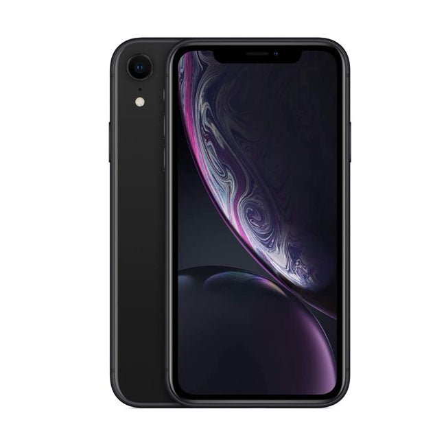 Refurbished iPhone XR 128GB unlocked in black showing front display and side profile, by RefurbPhone.