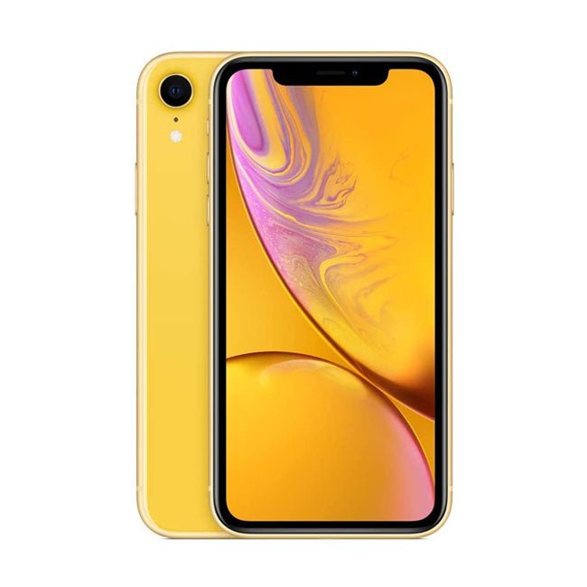 Refurbished iPhone XR 128GB unlocked smartphone by RefurbPhone, showing the front display with app icons and sleek design.
