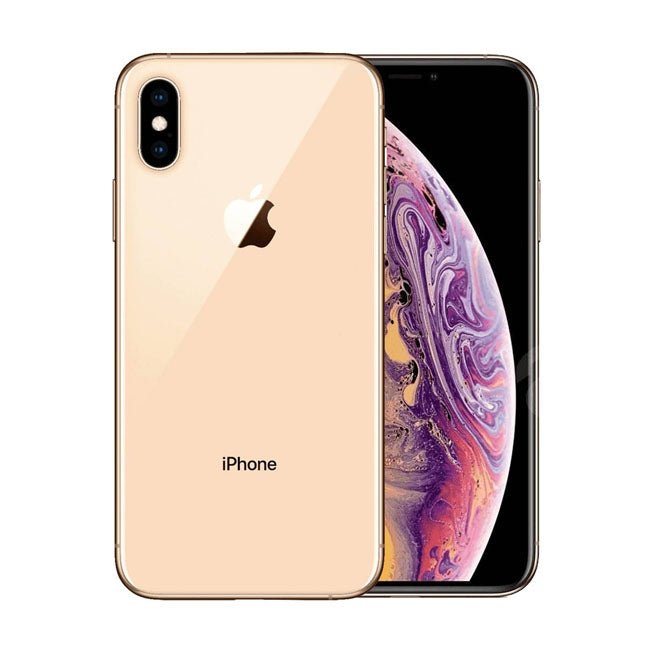 Refurbished iPhone XS Max 64GB unlocked mobile phone by RefurbPhone showing front screen and sleek design.