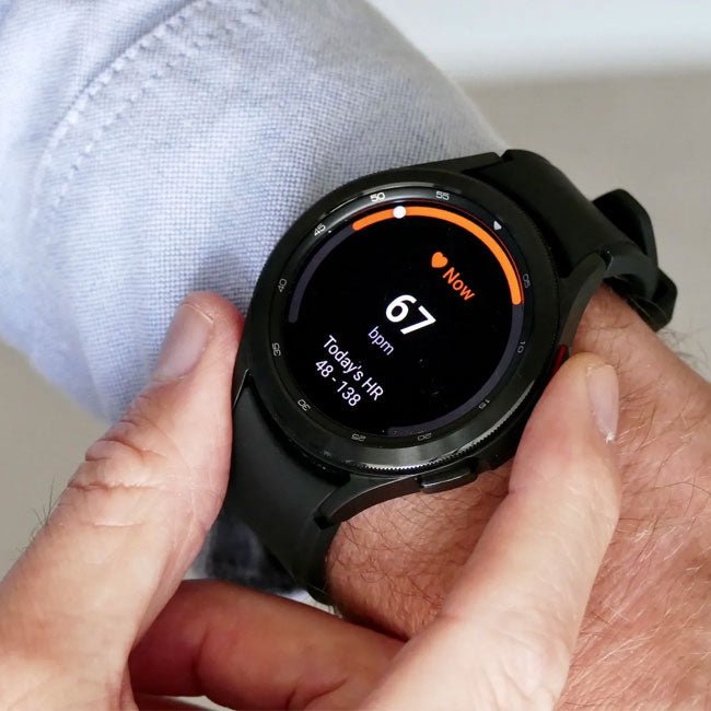 Refurbished Samsung Galaxy Watch 4 Classic 42mm 4G smartwatch with a round display and black band, unlocked for compatibility.