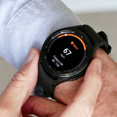 Refurbished Samsung Galaxy Watch 4 Classic 42mm smartwatch with a sleek black band and digital display, 4G unlocked connectivity.