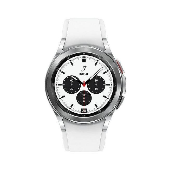 Refurbished Samsung Galaxy Watch 4 Classic 42mm smartwatch with a round display and stainless steel case, showing a digital watch face.