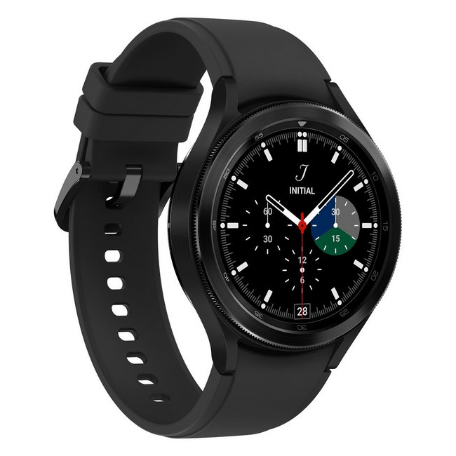 Refurbished Samsung Galaxy Watch 4 Classic 42mm smartwatch with a round face and digital display, showing a black strap and interface.
