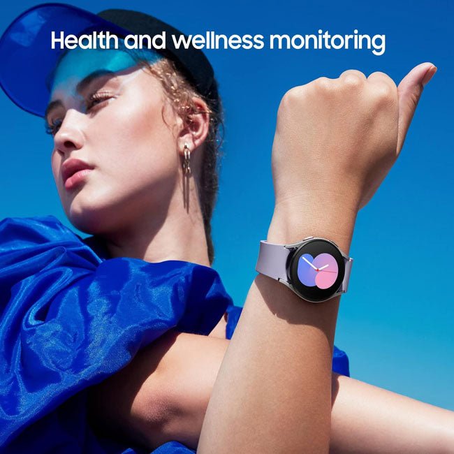 Refurbished Samsung Galaxy Watch 5 40mm cellular unlocked smartwatch showing a digital display with fitness tracking features.