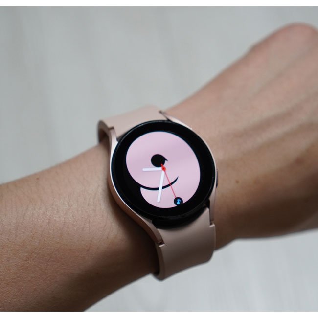 Refurbished Samsung Galaxy Watch 5 40mm cellular smartwatch, unlocked, shown with black band and digital display.