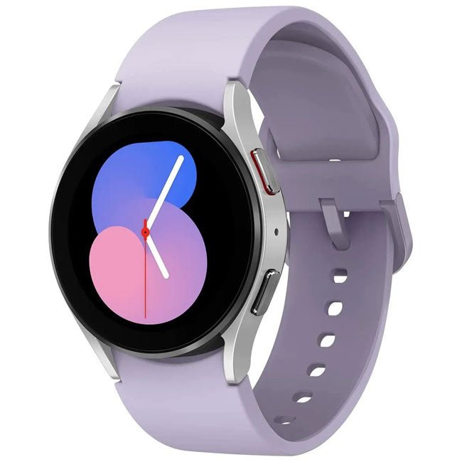 Refurbished Samsung Galaxy Watch 5 40mm cellular smartwatch with a sleek black band and digital display, unlocked for use.