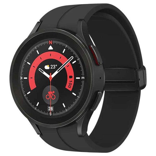 Refurbished Samsung Galaxy Watch 5 Pro 45mm smartwatch with black band and digital display showing time and fitness stats.