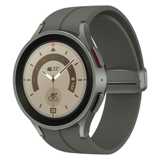 Refurbished Samsung Galaxy Watch 5 Pro 45mm Cellular smartwatch with black band, displayed on a white background.