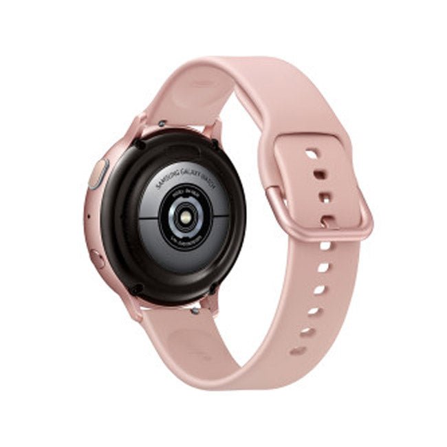 Refurbished Samsung Galaxy Watch Active 2 40MM 4G smartwatch with black silicone strap, displayed on a white background.