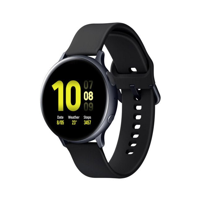 Refurbished Samsung Galaxy Watch Active 2 40MM 4G unlocked smartwatch with black band and digital display.