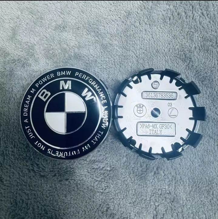 BMW Group 4-piece wheel center hub caps for BMW E87, E36, E46, E60, E90, F30, F20 M3, featuring 56/68mm diameter.