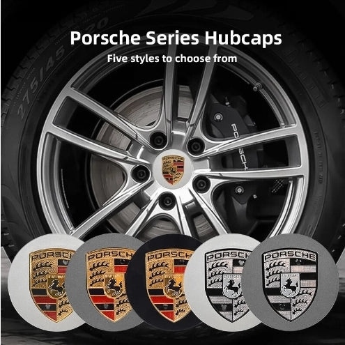 Set of four silver and black Porsche rim centre caps, featuring sleek design and branding, for stylish vehicle wheel enhancement.