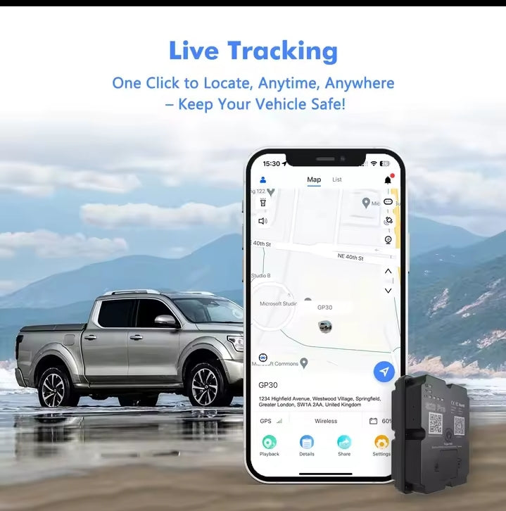 Eliteridegear 4G GPS motorcycle tracker showing device with LED lights and mounting clip for real-time vehicle location and anti-theft security