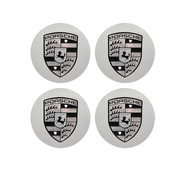 Set of four silver and black Porsche rim centre caps by Eliteridegear, featuring sleek design for stylish vehicle wheels.