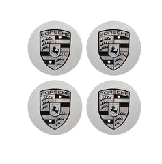 Set of four silver and black Porsche rim centre caps by Eliteridegear, featuring sleek design for stylish vehicle wheels.