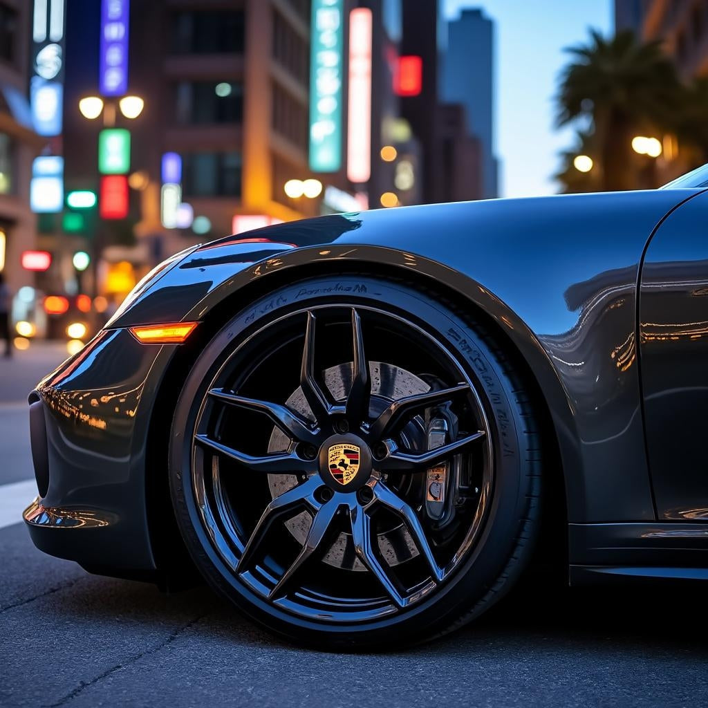 Black and gold Porsche wheel centre caps by Eliteridegear, featuring sleek design and branded logo detail.