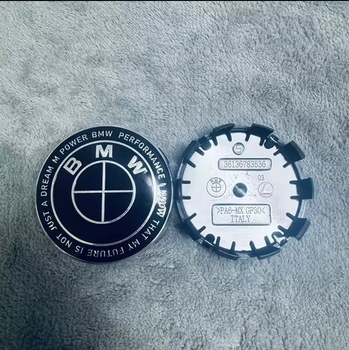 Eliteridegear BMW wheel centre hub caps set with four 56/68mm caps for E87 M Performance, E36, E46, E60, E90, F30, and M3 models.
