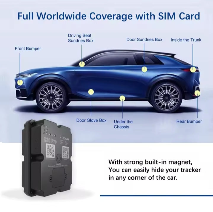 Eliteridegear 4G GPS motorcycle and car tracker showing device with screen and installation components for real-time vehicle tracking.