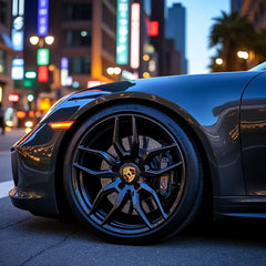 Set of four silver Porsche wheel centre caps by Eliteridegear, featuring sleek design for stylish vehicle rims.