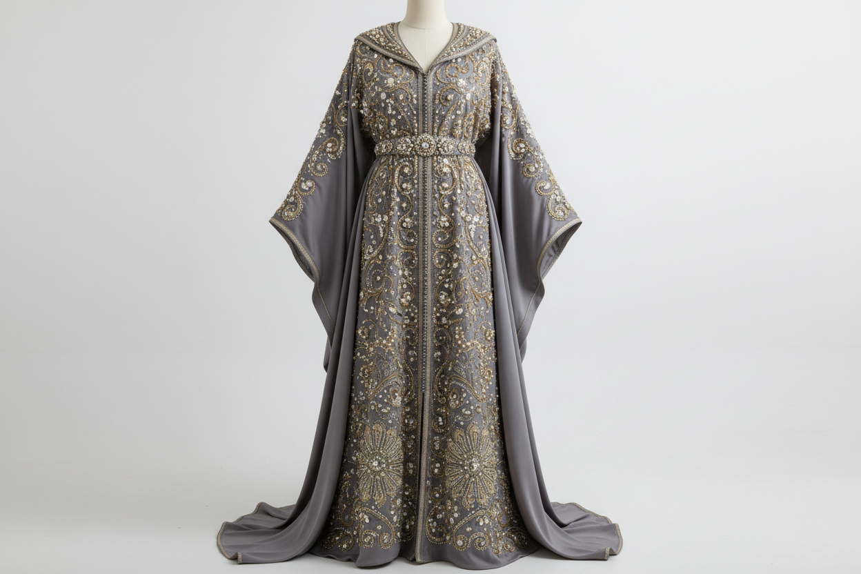 Royal blue Moroccan caftan evening dress with long sleeves and appliques, featuring elegant, traditional Moroccan design.