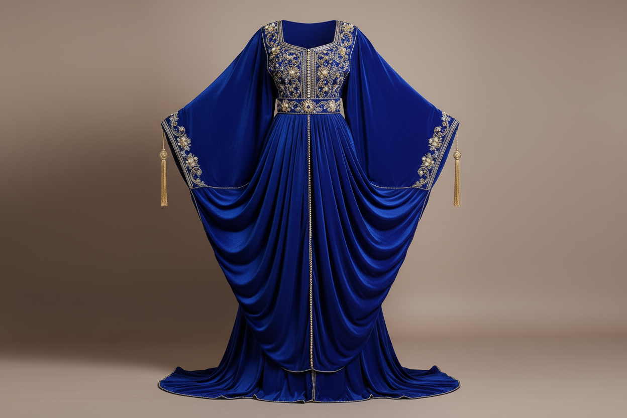 Royal blue Moroccan caftan evening dress with long sleeves and delicate appliques, perfect for formal occasions.