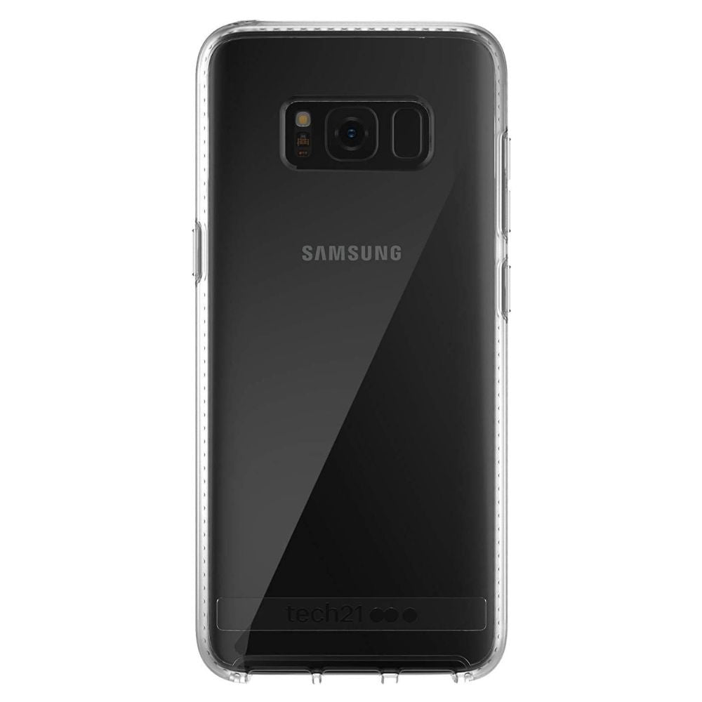 Samsung Galaxy S8 Plus phone with tech21 clear hard case showing transparent design and protective features.