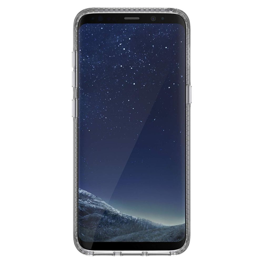 Samsung Galaxy S8 Plus tech21 clear hard case showing transparent design and precise cutouts for buttons and ports.