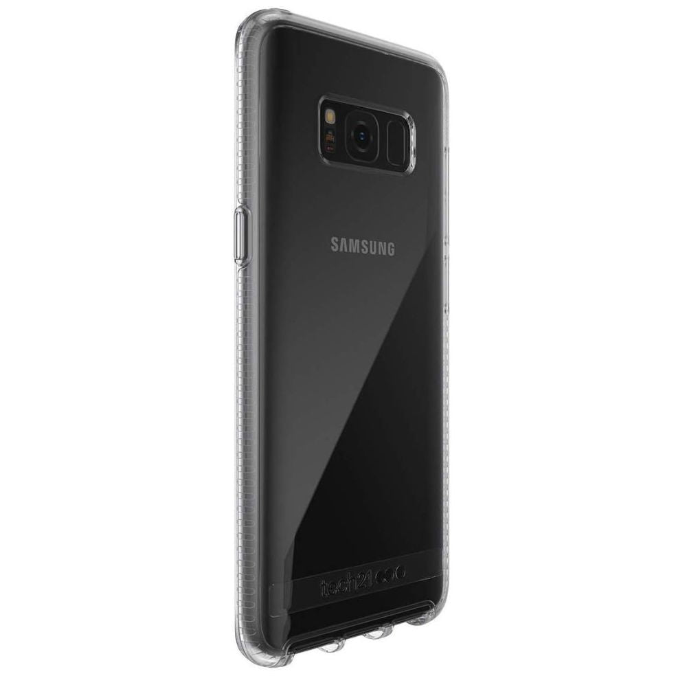 Samsung Galaxy S8 Plus with tech21 hard clear case, transparent protective cover showing the phone's design and branding.