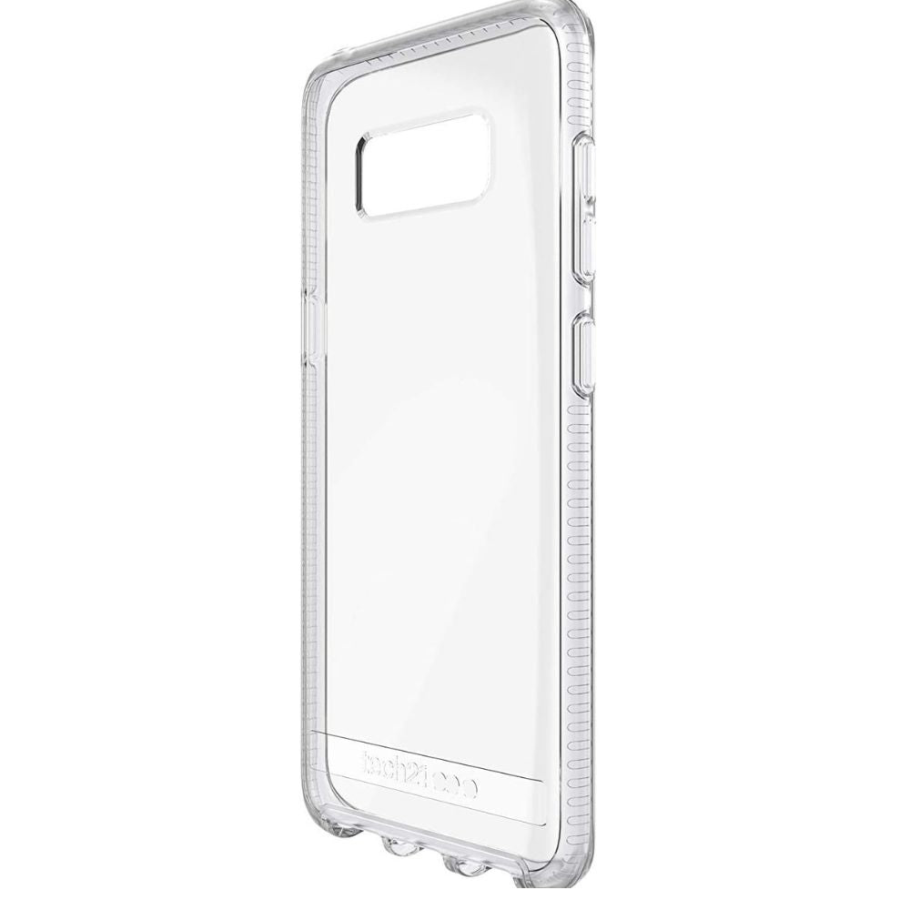 Samsung Galaxy S8 Plus tech21 clear hard phone case showing transparent design with reinforced edges for protection.