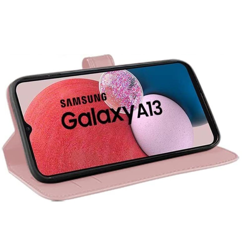 Samsung Galaxy A13 4G leather book flip case by Phone Base, rose gold color with wallet-style design and card slots.