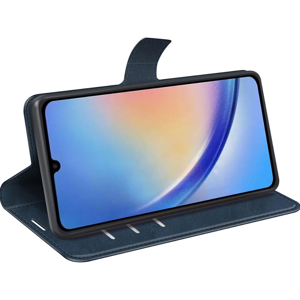 Samsung Galaxy A34 leather flip book case by Phone Base, featuring a protective wallet-style design with card slots and a stand function.