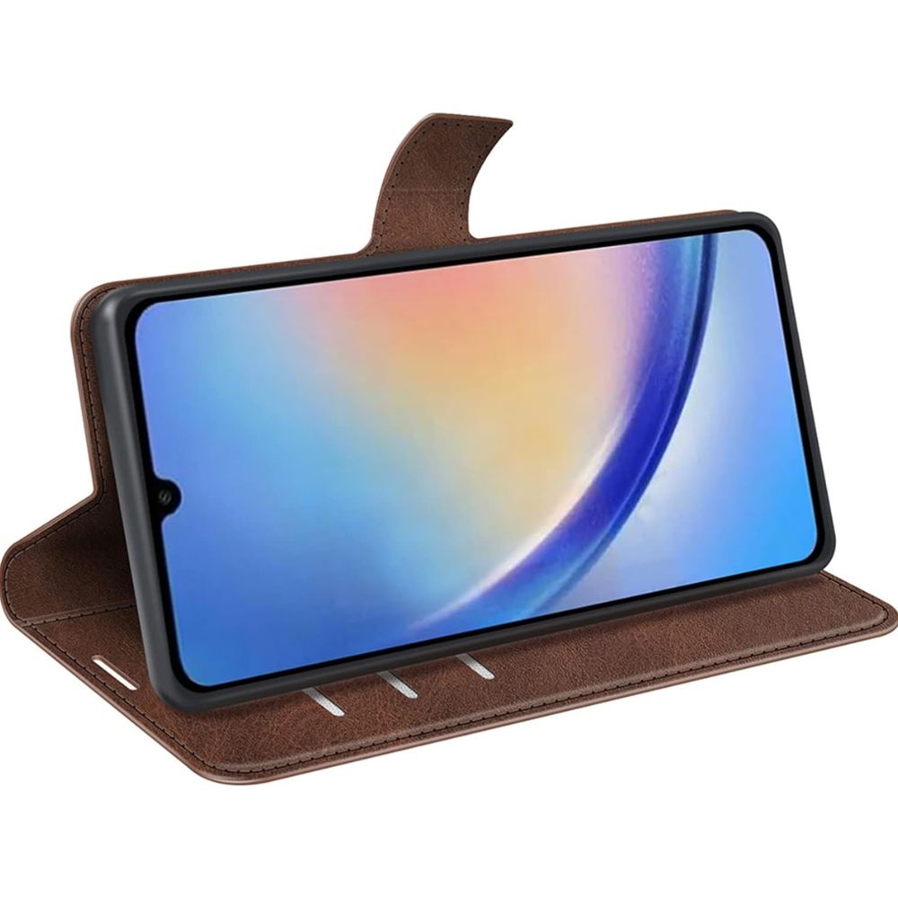 Samsung Galaxy A34 leather flip book case by Phone Base with card slots and protective cover, shown open with phone inserted.