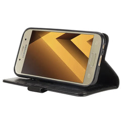 Samsung Galaxy A5 black leather book flip case with wallet design, featuring card slots and a stand function.