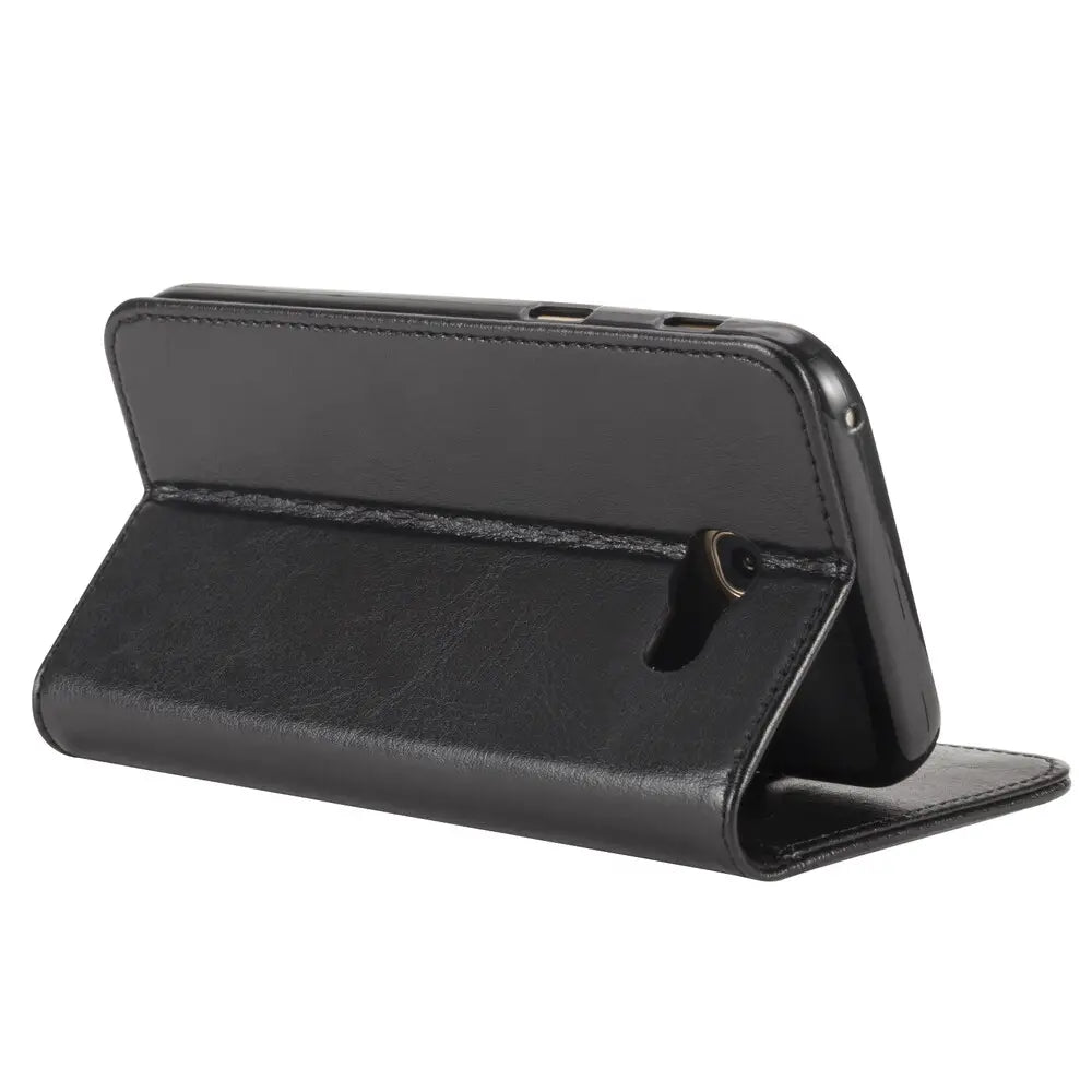 Samsung Galaxy A5 book flip case in black leather wallet style by Phone Base, showing front cover and interior compartments.