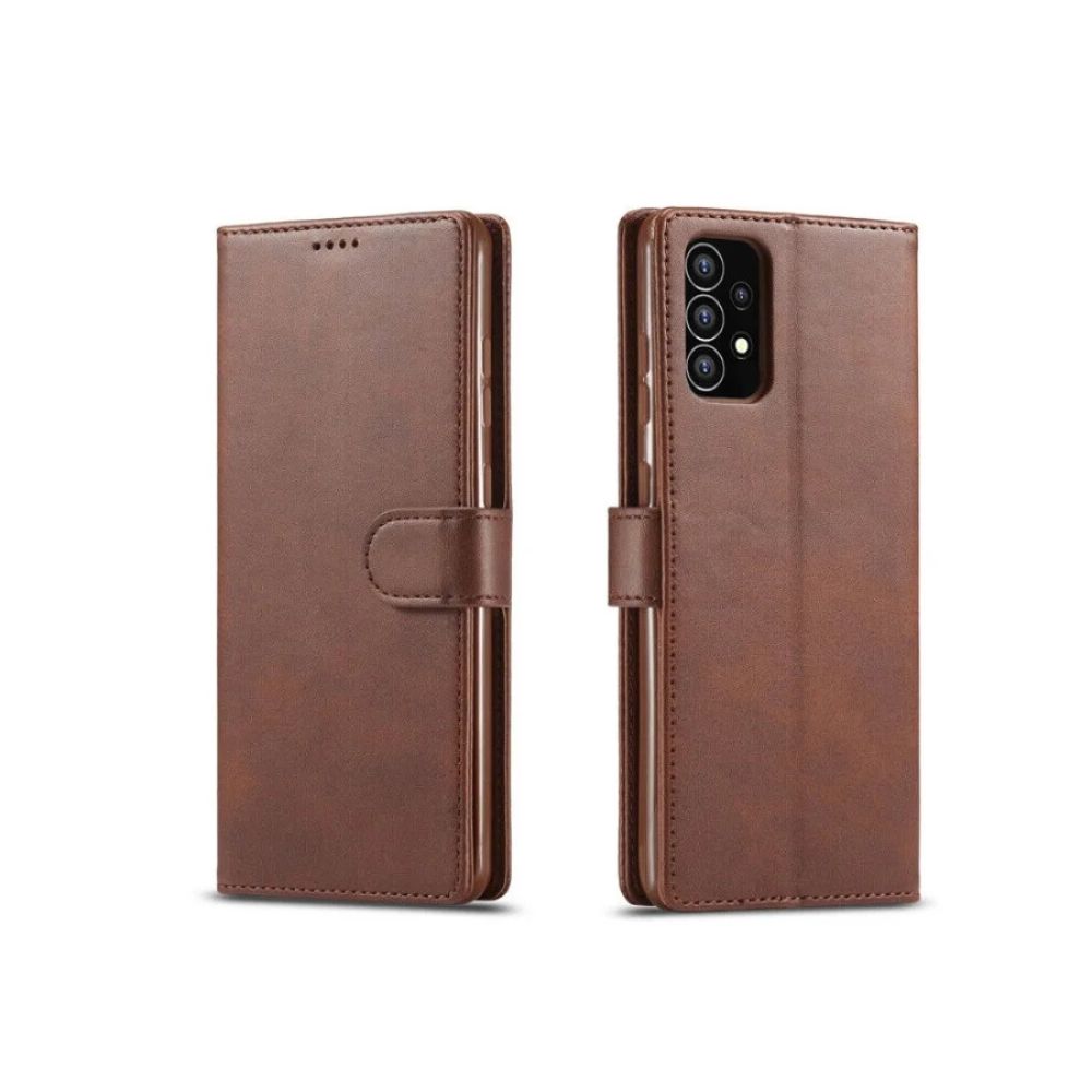 Samsung Galaxy A13 4G leather flip book case with wallet design by Phone Base, featuring brown faux leather cover and card slots.