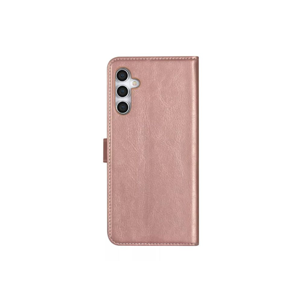 Samsung Galaxy A15 Book Flip Case in rose gold, leather wallet style, with card slots and secure flip cover for phone protection.