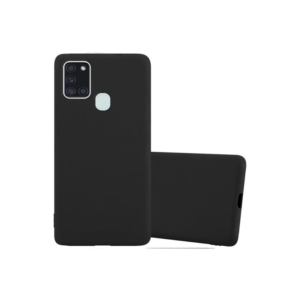 Black Samsung Galaxy A21s silicone gel case by Phone Base, showing a snug-fit protective cover with smooth texture.
