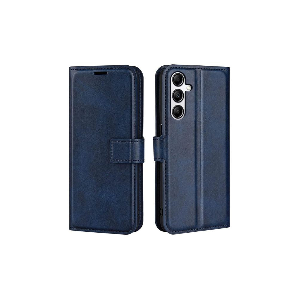 Samsung Galaxy A34 leather flip book case with wallet design, blue color, featuring a protective cover and card slots.