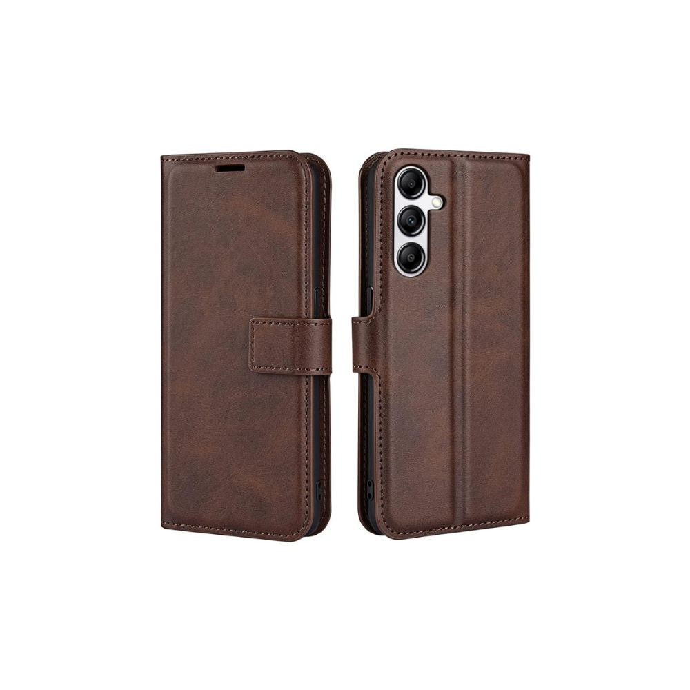 Samsung Galaxy A34 leather wallet flip case by Phone Base featuring a brown leather book-style design with card slots.
